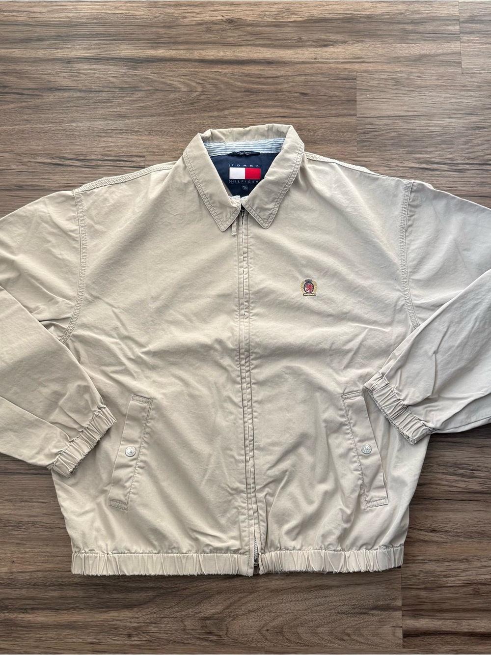 Vintage 90s Tommy Hilfiger Crest Logo Harrington Jacket Tan Beige Sz M Hong Kong